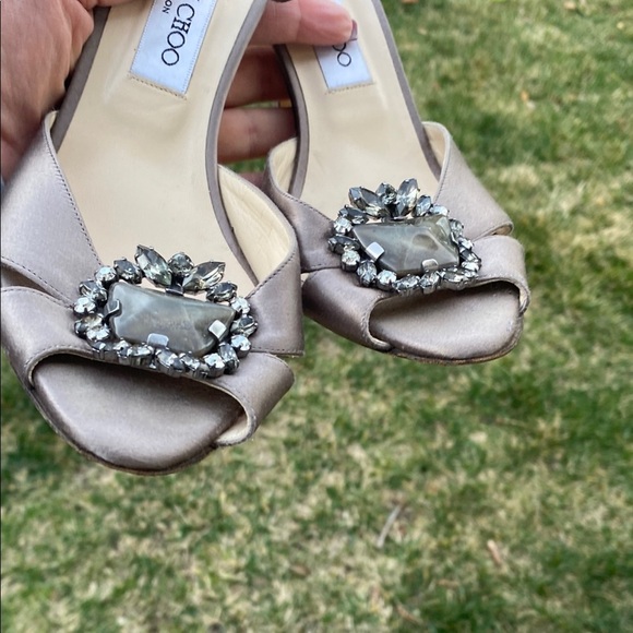 Jimmy Choo Satin Gemstone Open Toe Heels Pewter Champagne size 10, heel 4 1/2 - Picture 15 of 16